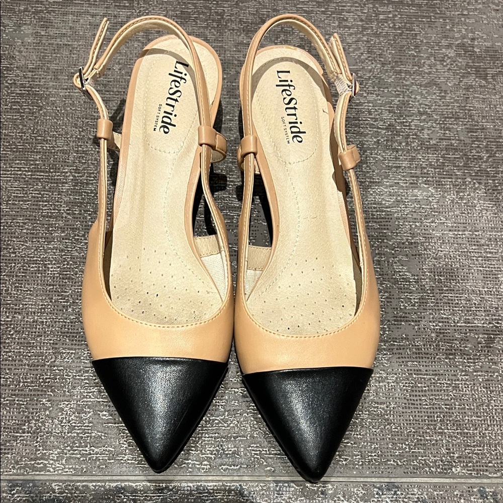 Life Stride Women's Black and Beige Slingback Heels size 39